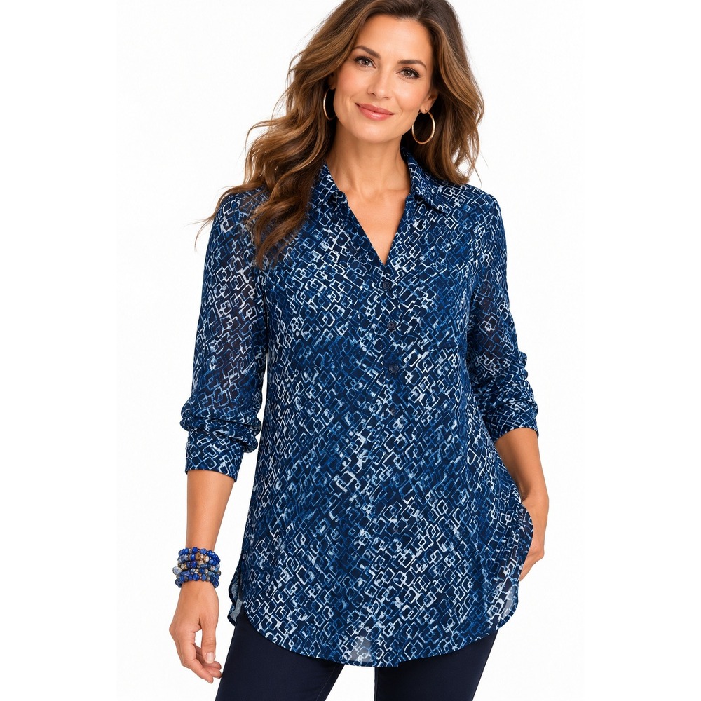Soft Surroundings Geo Double Layer Crepe Tunic Blouse Blue Petite Large 2HG33